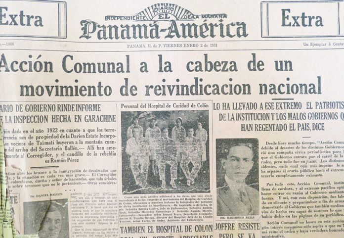 Portada del Panamá América describiendo el golpe de Acción Comunal de 1931.
